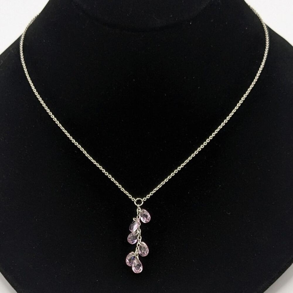 Sterling Silver 925 Y-Drop Pink Crystal Dangle Bead Chain Pendant Necklace 16.5"
